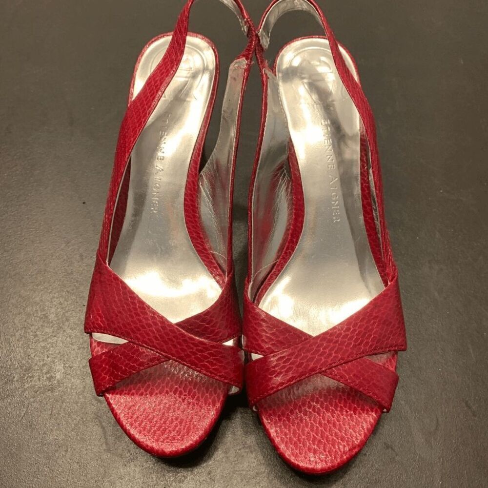 Etienne Aigner Women's Crisscross Strap Texture Red Sling Back Wedge Sandals 6.5